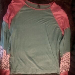 Pink and Green Long Sleeve Top with Leopard Print